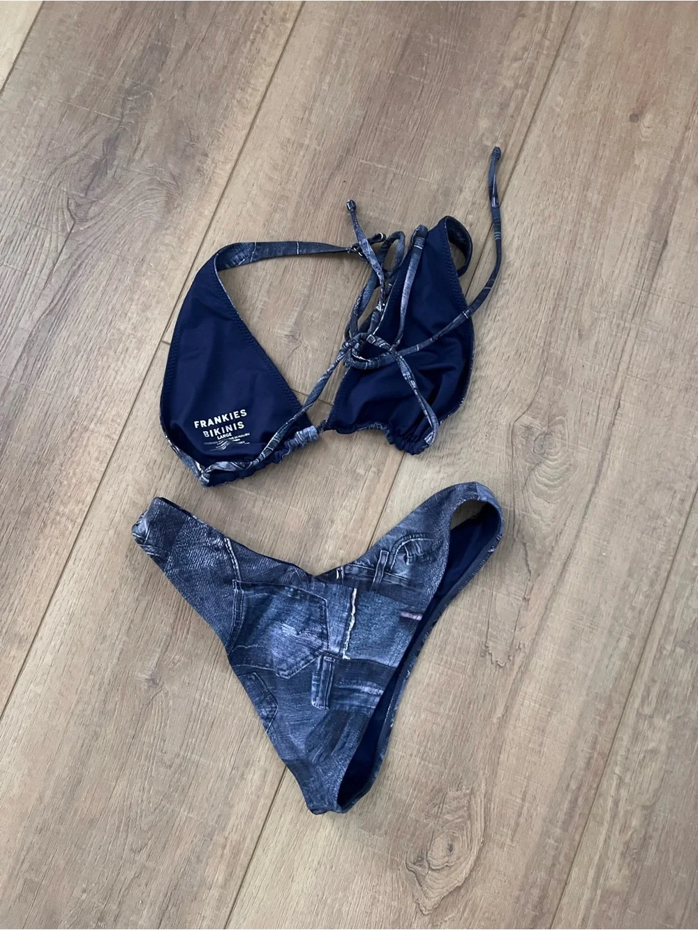 Frankie's Bikinis Navy Blue Denim-Print Triangle Bikini Top Large Bottom Sz Smal